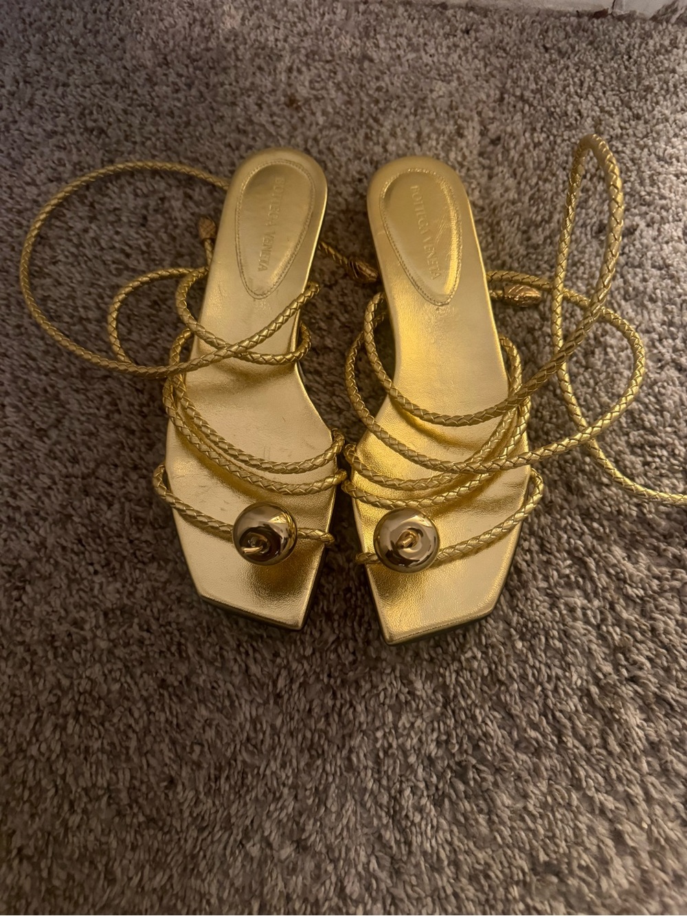 Bottega Veneta Gold Braided Lace-Up Espadrille Sandals